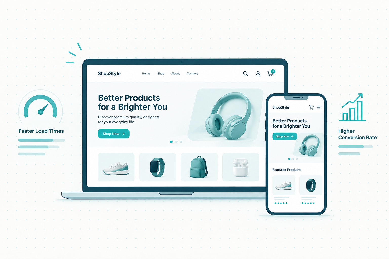 ShopStyle e-commerce website shown on laptop and phone screens with faster load times and higher conversion rate callouts